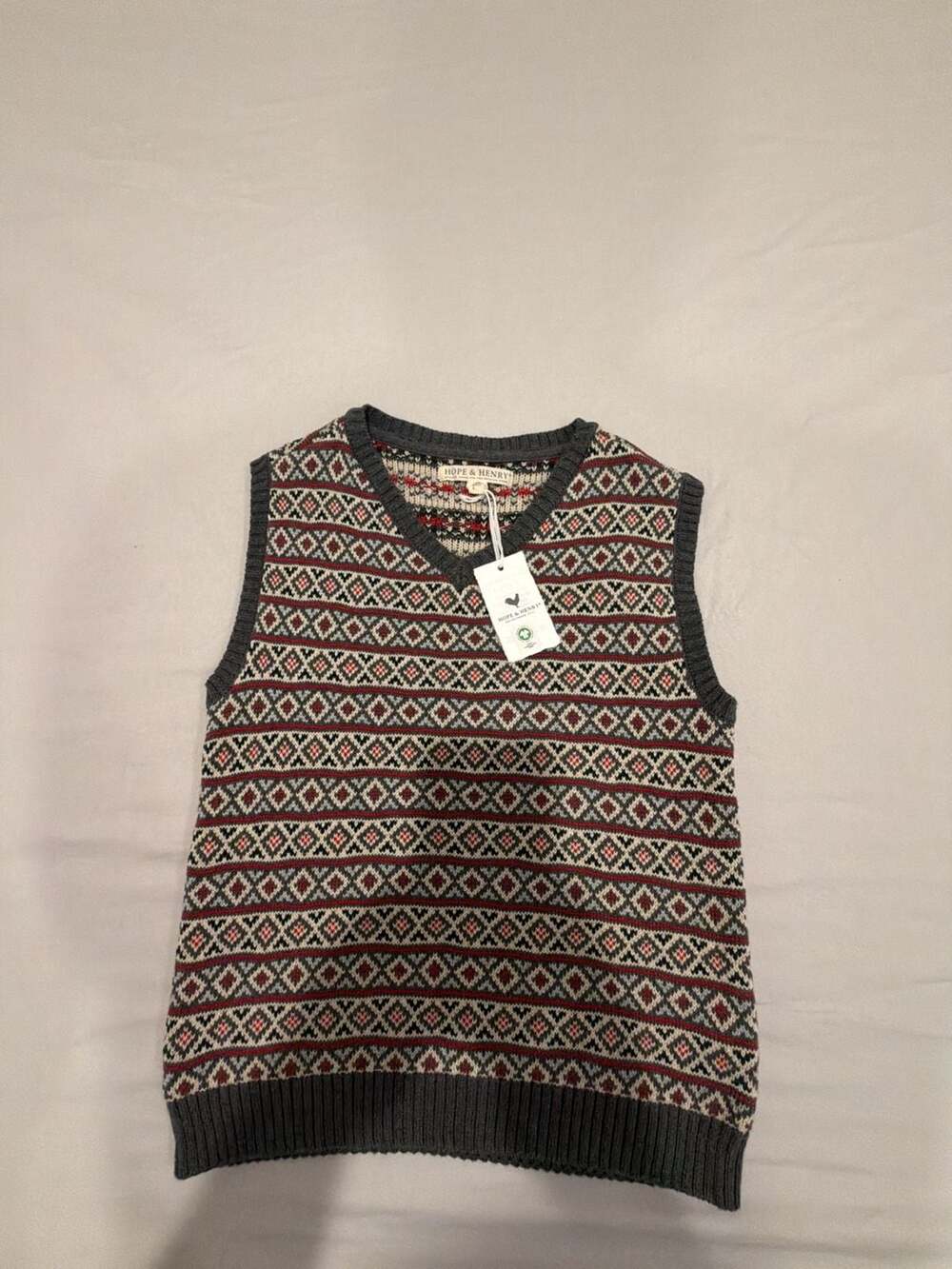 Hope & Henry Organic V-Neck Intarsia Sweater Vest Size L Merry Stripe